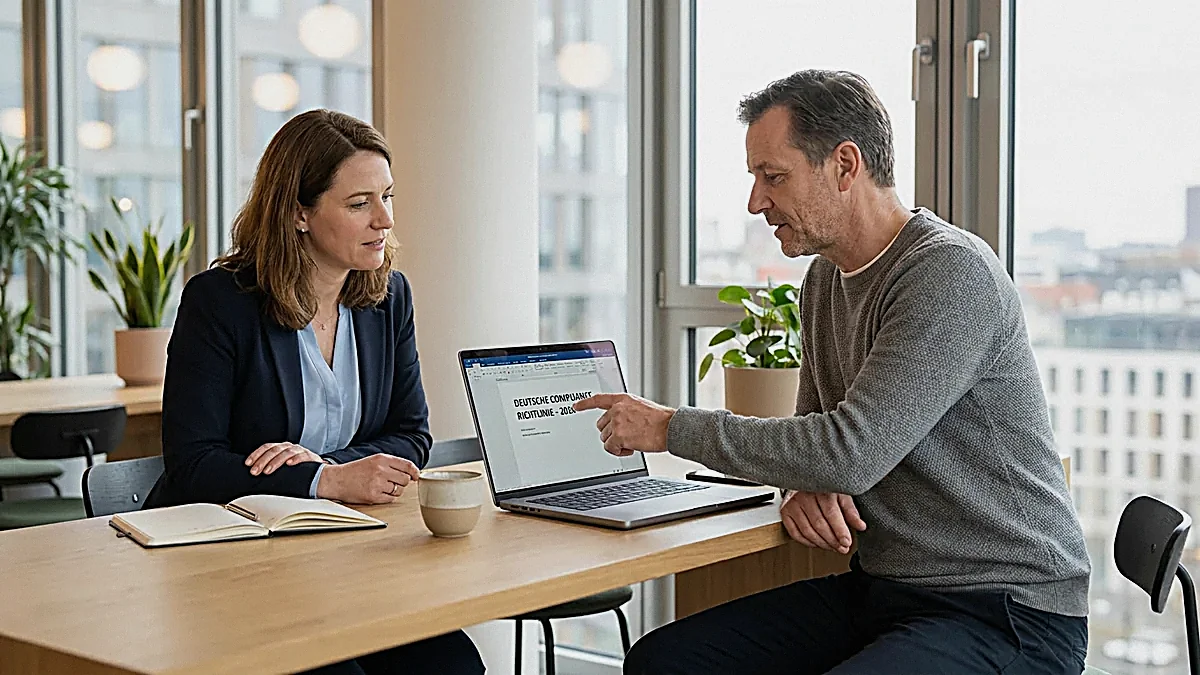 Beraterin und Kunde in einem modernen Münchner Büro prüfen gemeinsam einen Konformitätsbericht am Laptop — Sinnbild für persönliche Rechtsberatung.